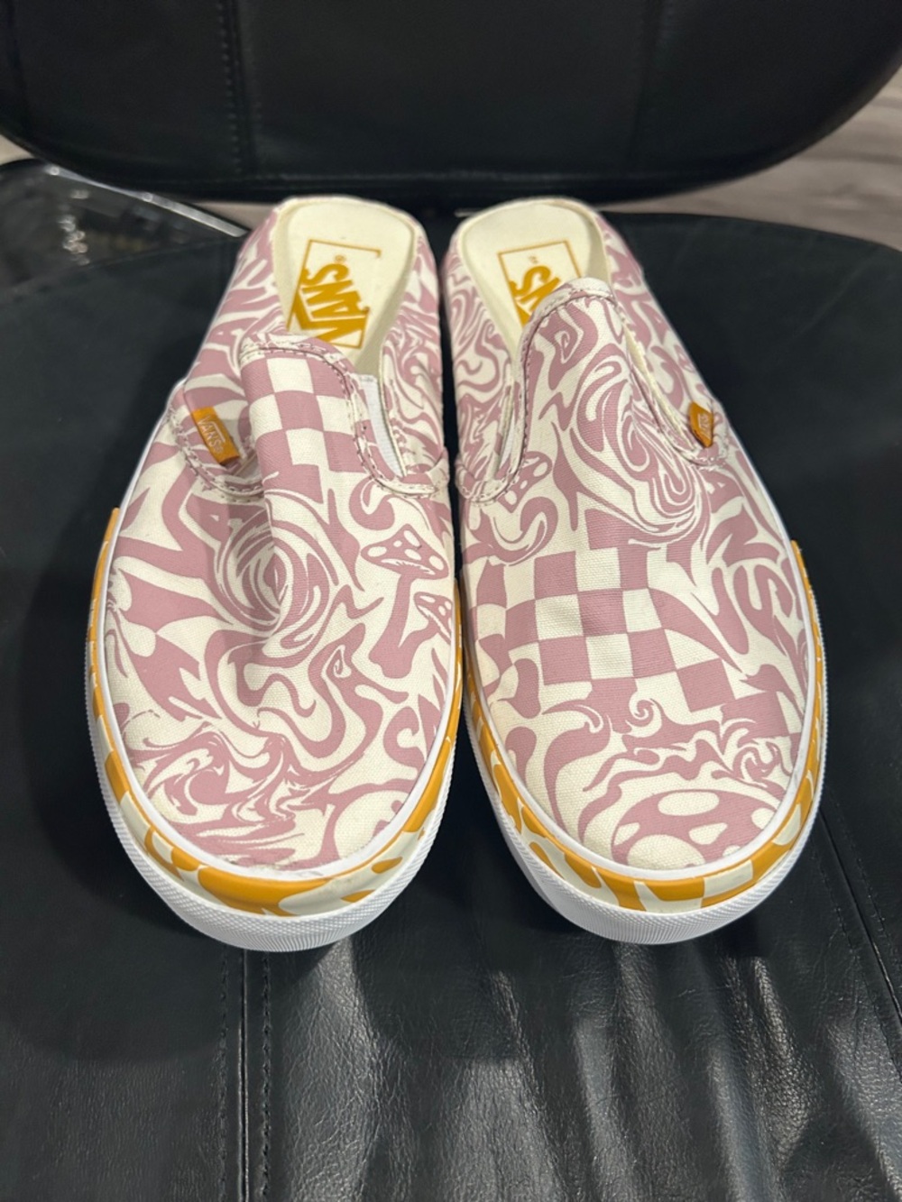 Vans Slip-On Sneakers in Pink and White with Yellow Trim